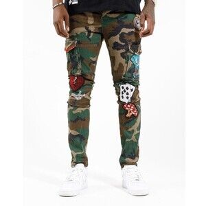 Cote De Nuits Mens 28x30 Camo Jeans Designer Sequin Patches Cargo Haute Couture
